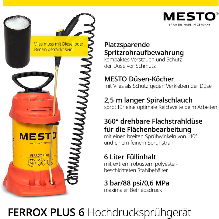 MESTO FERROX Plus 6 Hochdrucksprühgerät 6L Set inkl. MESTO Köcher | Drucksprüher 6 Bar | Schalölspri