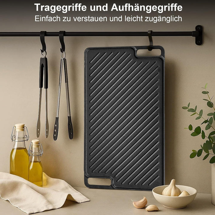 Gusseisen Grillpfanne Set 2-teilig, Vorgewürzte Grillplatte für BBQ