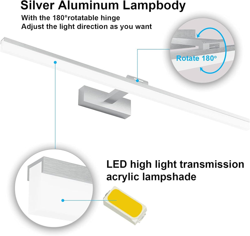 Klighten LED Spiegelleuchte Badezimmer 24W 1170LM Kaltes Weiss 6000K, 180° Rotation, IP44 Wasserdich