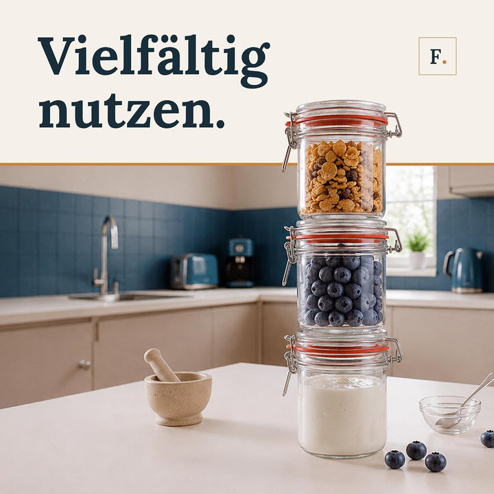 Flaschenbauer - 12er Set Drahtbügelgläser 530ml - Vorratsglas mit Dichtungsringen inkl. Etiketten, E