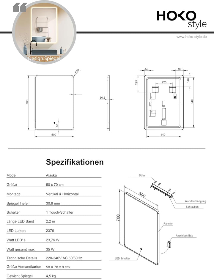 HOKO LED Badspiegel 50x70 cm / 70x50 cm Alaska mit Weisser Metall Rahmen, HOCH+QUER Montage. Touch S