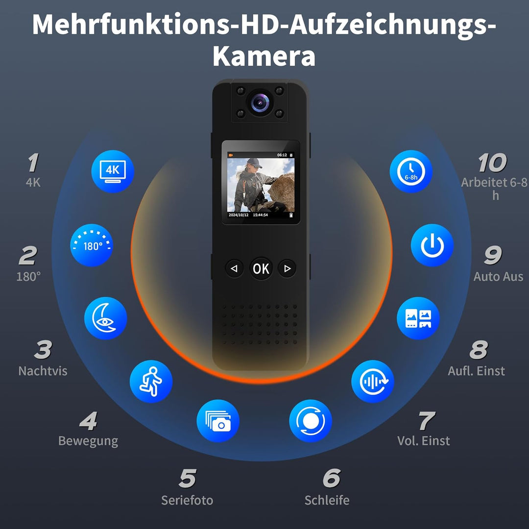 4K Bodycam Körperkamera Mini, Body Cam mit APP, Mini Body Camera Bewegungserkennung Tragbare Überwac