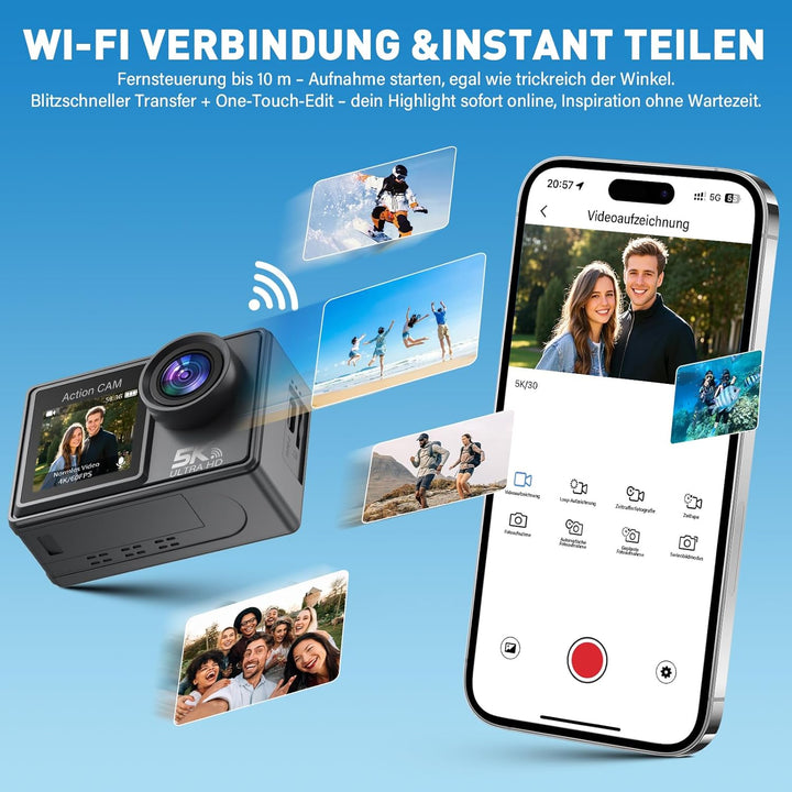 Action Cam 5K 4K60FPS, 50MP 30M/98FT wasserdichte Unterwasserkamera mit EIS, WiFi, 170° Ultra-Weitwi