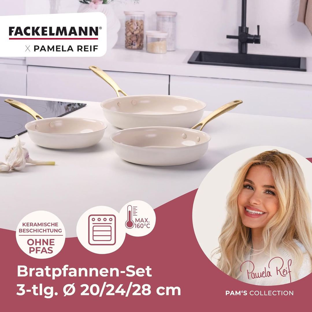 FACKELMANN x Pamela Reif Bratpfannen-Set 3-tlg Ø 20-24-28 cm – aus recyceltem Aluminium, Pastell-Bei