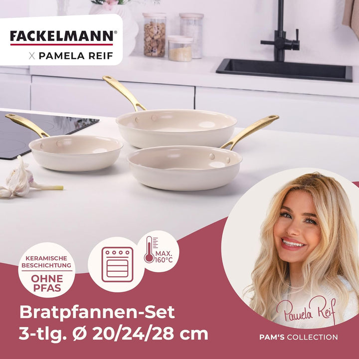FACKELMANN x Pamela Reif Bratpfannen-Set 3-tlg Ø 20-24-28 cm – aus recyceltem Aluminium, Pastell-Bei