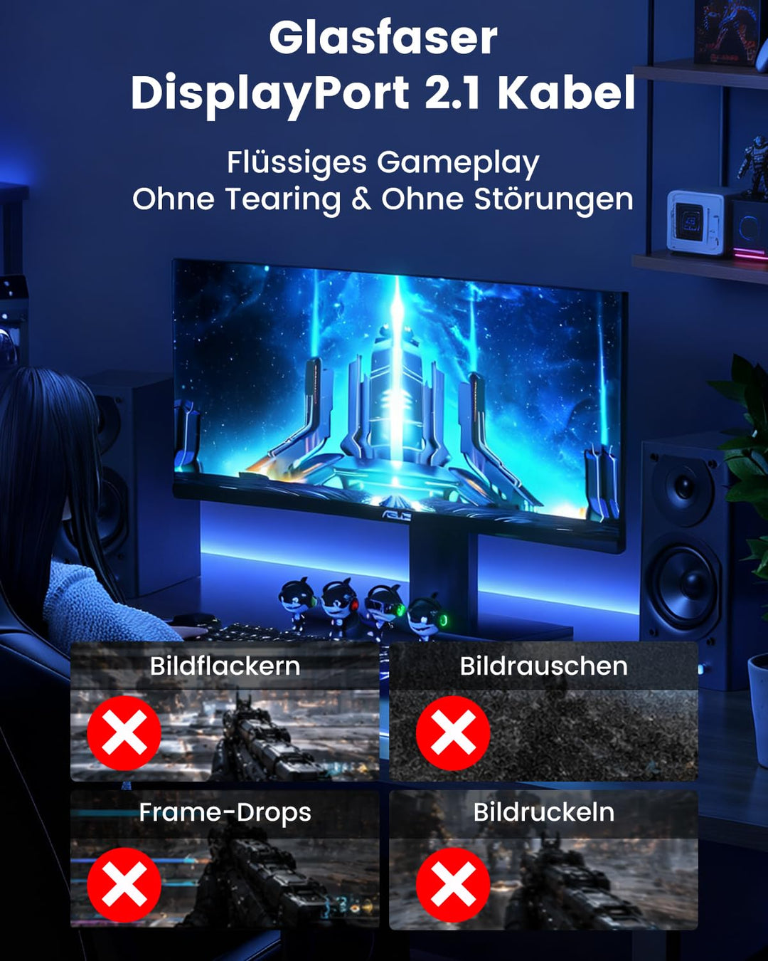16K Glasfaser DisplayPort 2.1 Kabel 2M, DP 2.1 Kabel [16K@30Hz, 8K@60Hz, 4K@240Hz] 40Gbps Display Po