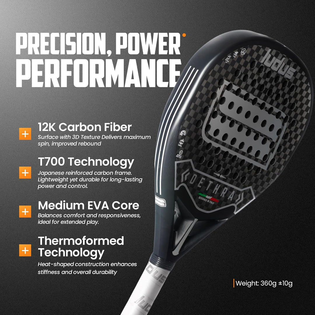 Ludus Dethra Padelschläger – 12 K Carbon Fiber mit 3D-Textur – Toray T700 Rahmen – EVA Medium Core 1
