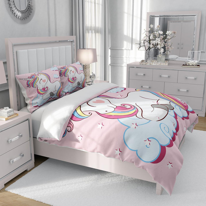 Rosa Einhorn Mädchen Bettwäsche Set,Cartoon Einhorn Muster Kinder Bettbezug Set,Regenbogen Wolken un