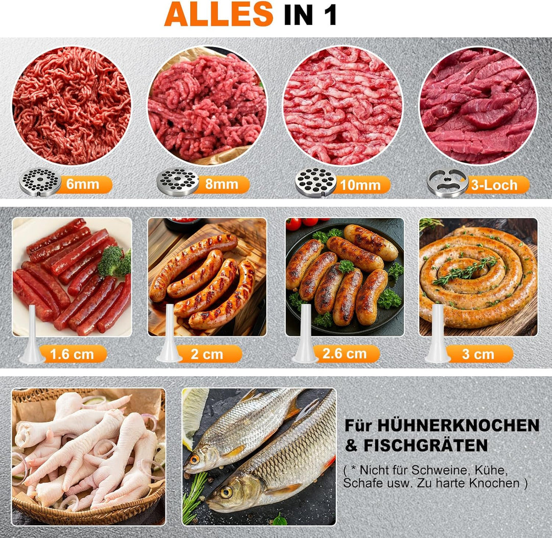 Anatole Fleischwolf Elektrisch Profi Hackfleisch Maschine 950W Edelstahl Multi Wurstmaschine mit 6/8
