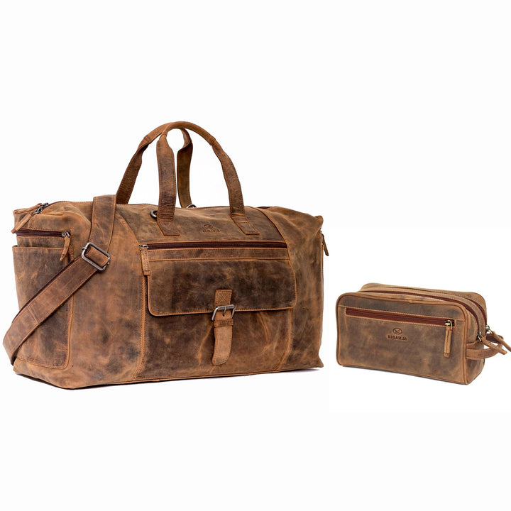 ALMADIH Leder Reisetasche Aiko + Kulturtasche Pietro BV - Weekender Handgepäck Freizeit Gym Fitness