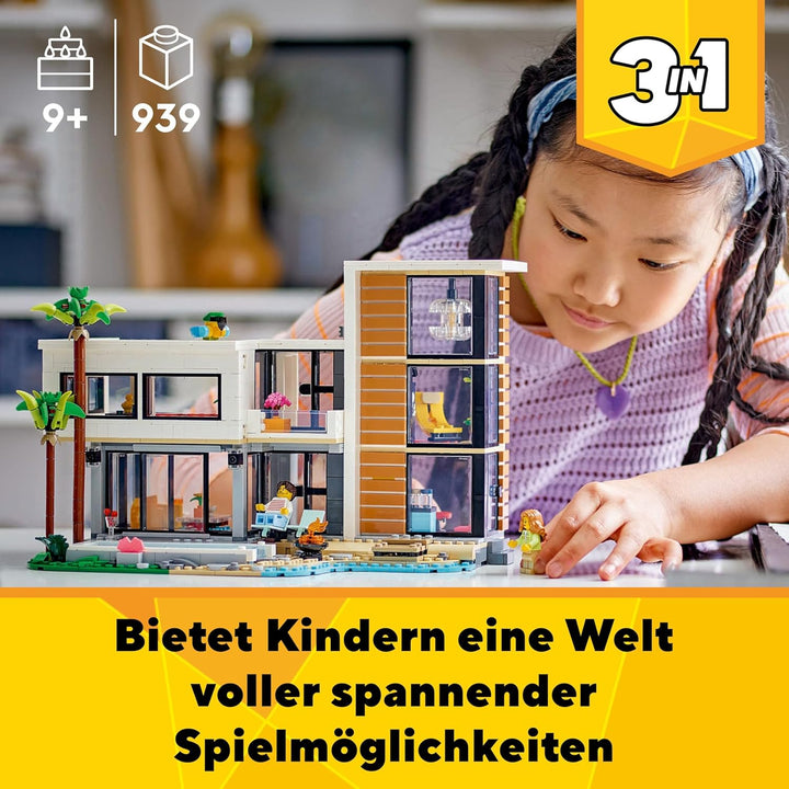 LEGO Creator Modernes Haus, 3-in-1-Set zum Umbauen in EIN Stadthaus oder eine Waldhütte, Modellhaus,