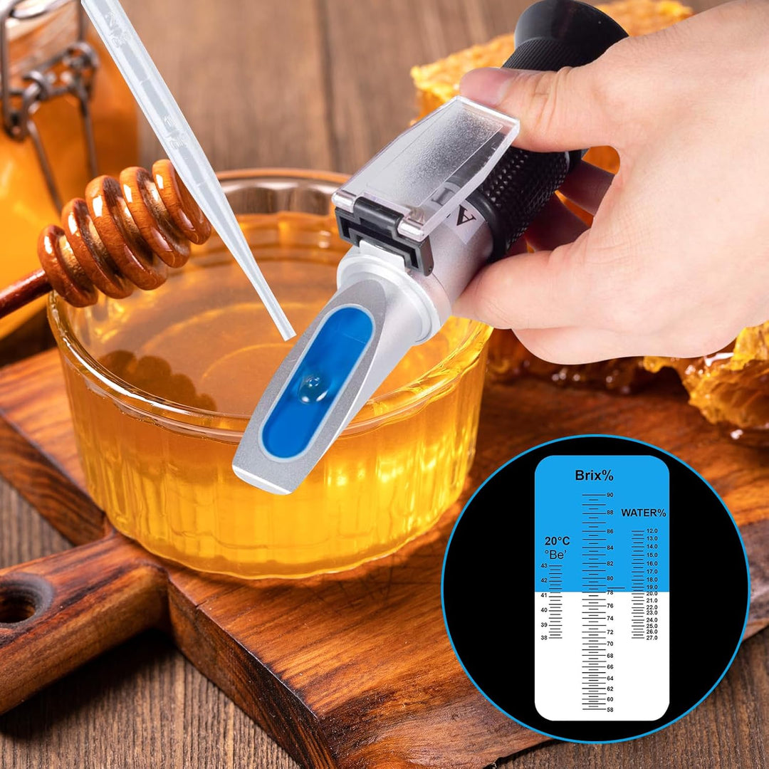 Rierousy 3-In-1 Refraktometer Honig mit Dreifach-Skala(Wasser: 12-27%, Brix: 58-90%, Be': 38-43°), R