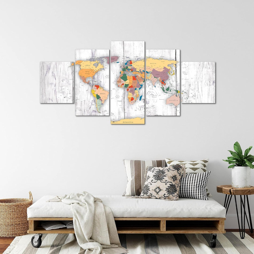 Runa Art - Bilder Weltkarte Holz 200 x 100 cm 5 Teilig XXL Wanddekoration Design Weiss 108751c 200 x
