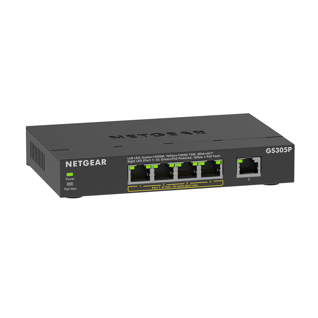 NETGEAR PoE Switch 5 Port Gigabit Ethernet LAN Switch PoE+ mit 4 Port bei 63 W (GS305P), Desktop- od