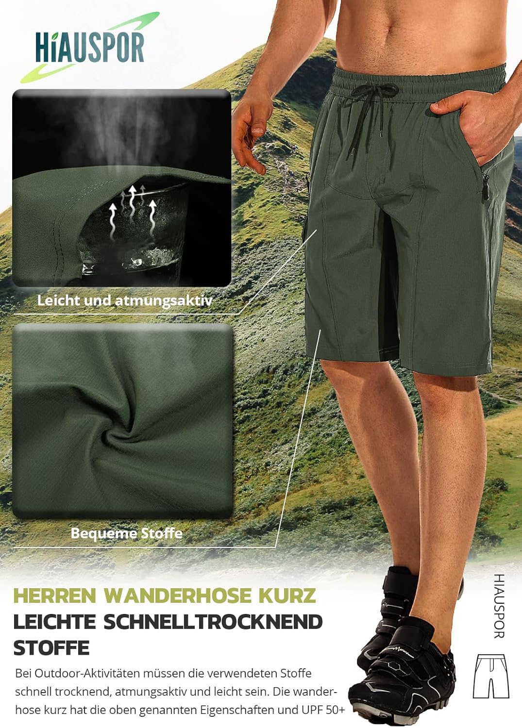 Hiauspor Wanderhose Herren Kurz MTB Hose Leichte Schnelltrocknend Cargo Bermuda Chino mit 5 Taschen