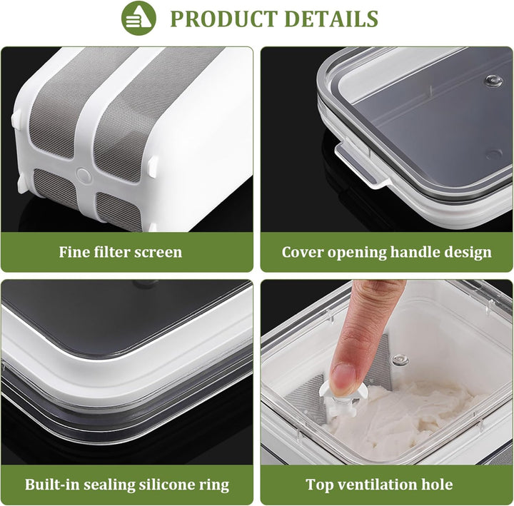 Joghurtsieb, 1,1l griechischer Joghurtsieb mit einem feinen Netzbeutel und Deckelleckfisch, BPA-frei