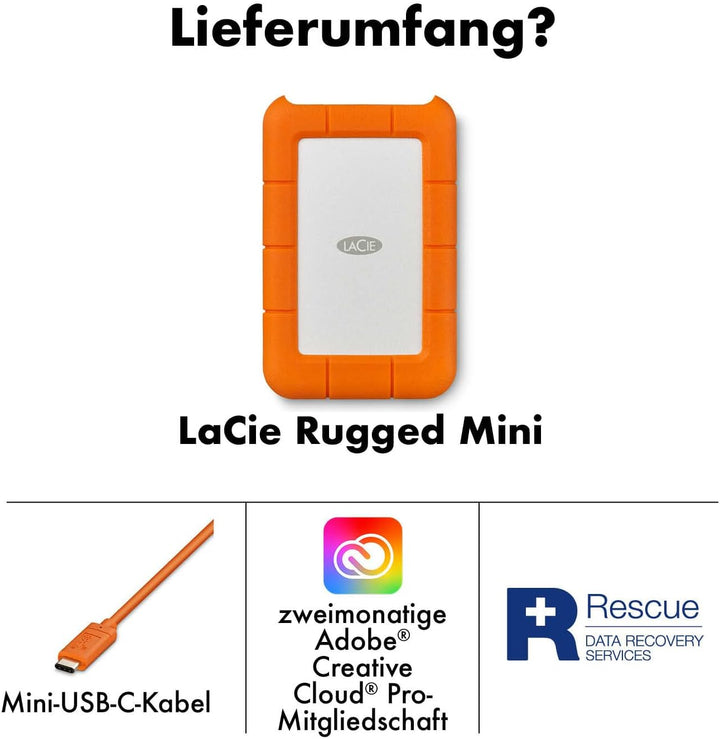 LaCie Rugged Mini 1TB tragbare externe Festplatte, 2.5 Zoll, PC & Mac, inkl. USB-C w/o USB-A Kabel,