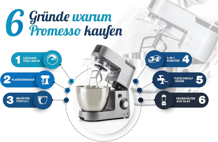 G21 Küchenmaschine Promesso Braun, 1.500 Watt, 3 in 1 Küchenmaschine, Mixer, Fleischwolf, komplettes