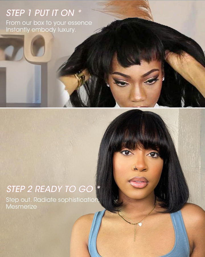 Tunfine Straight Bob Glueless Human Hair Wigs 2x4 Lace Front Wigs With Bangs Echthaar Perücke for Bl