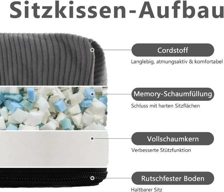 Sitzkissen, 2er Set Stuhlkissen aus Cordstoff, Memory Foam mit Doppel-Layer Design, Befestigungsriem