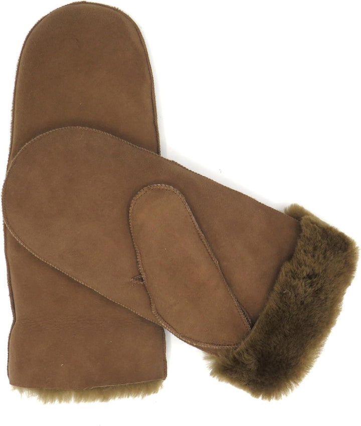 Lammfell Handschuhe Fäustlinge, Fausthandschuhe aus Merino Lammfell, Cognac - braun - olive, Damen -