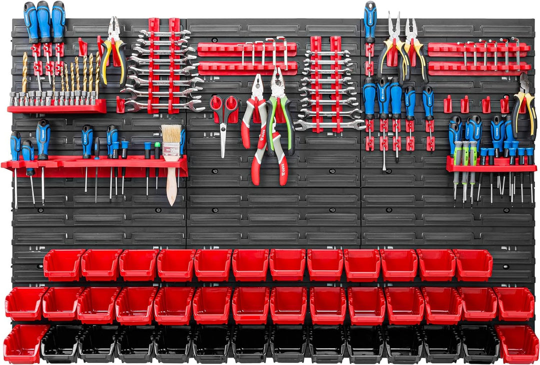 Lagersystem Werkstattregal | 117 x 78 cm | 40 stck. Box | Wandregal mit Werkzeughalterungen und Stap
