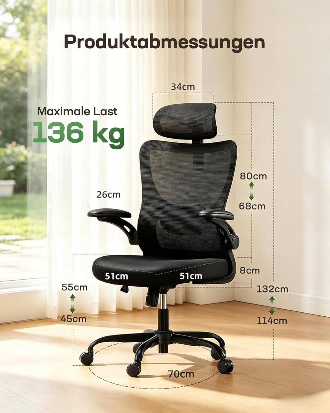 Marsail Bürostuhl Ergonomisch Schreibtischstuhl: Ergonomischer Bürostuhl mit 2D-Kopfstütze, 2D-Lende