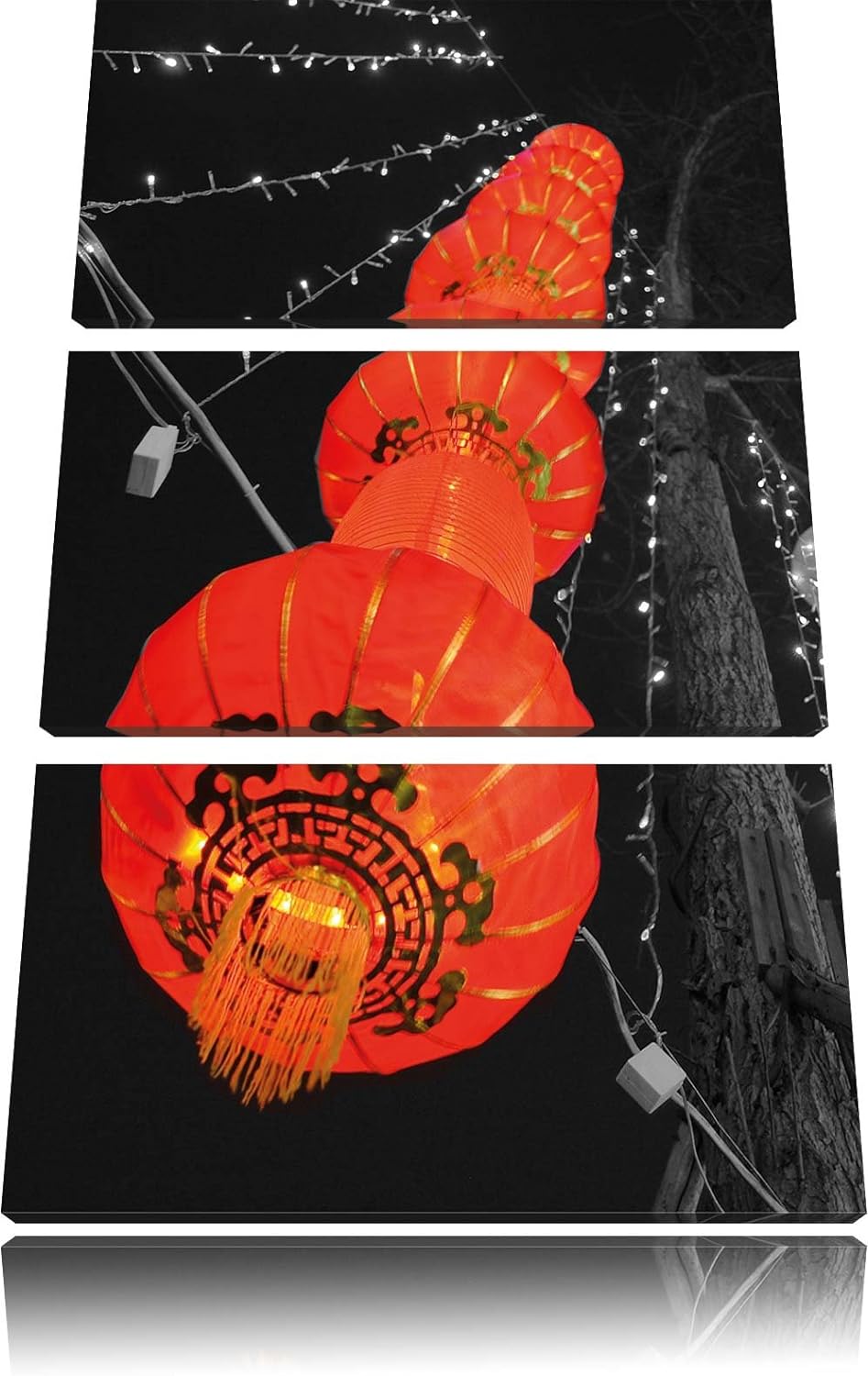 Pixxprint Klassische chinesische Lampions schwarz/weiss 3-Teiler Leinwandbild 120x80 Bild auf Leinwa