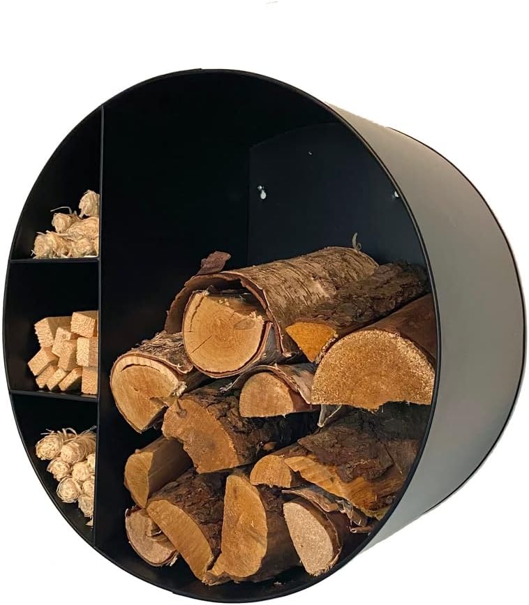 Kaminholz-Regal Stahl Schwarz rund zur Wandbefestigung 55x55x30cm Aufbewahrung innen