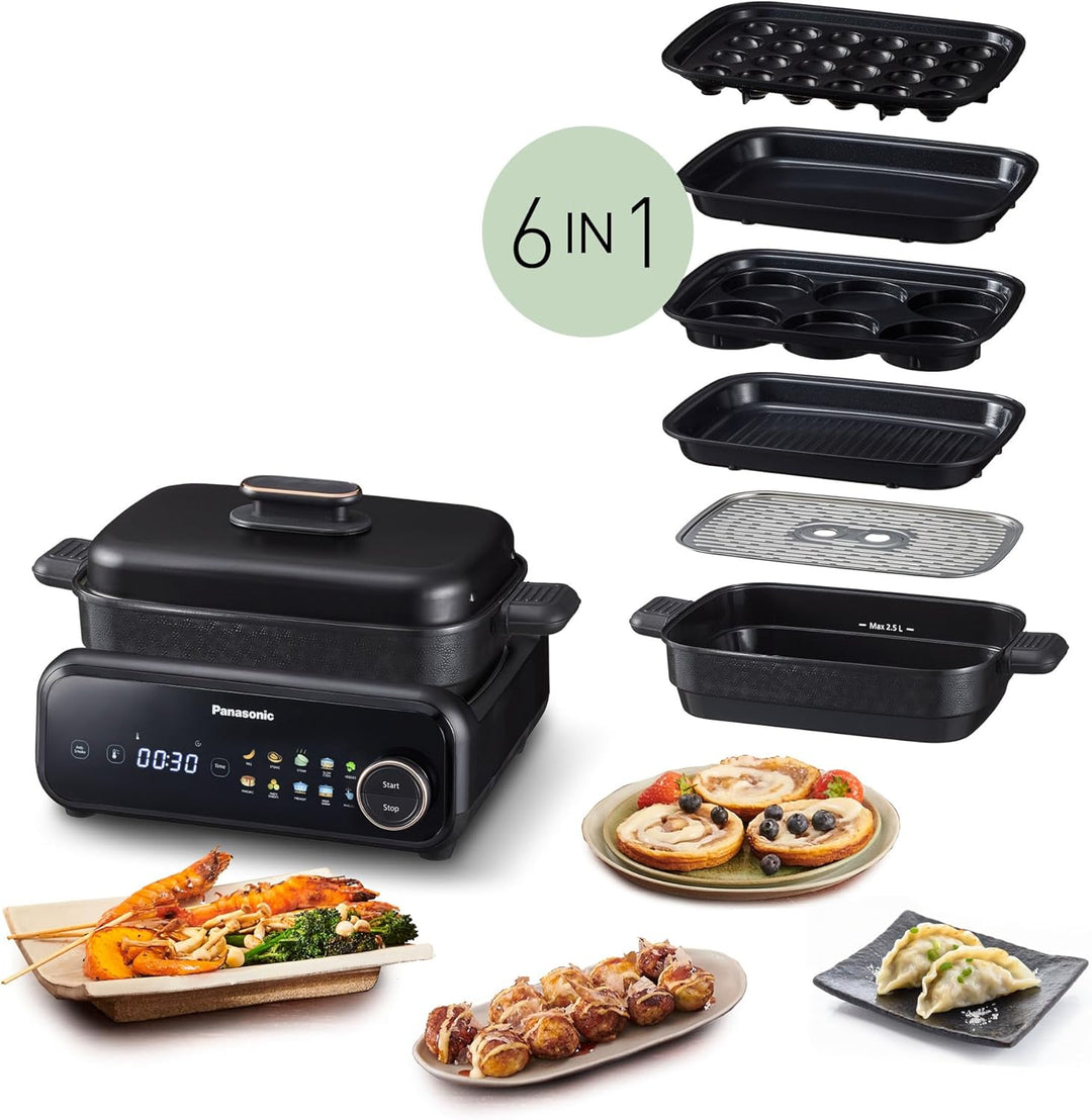 Panasonic NF-GM600 6-in-1 Elektro-Multikocher, Elektro Tischgrill, Plancha, Braten, Slow Cook, BBQ,