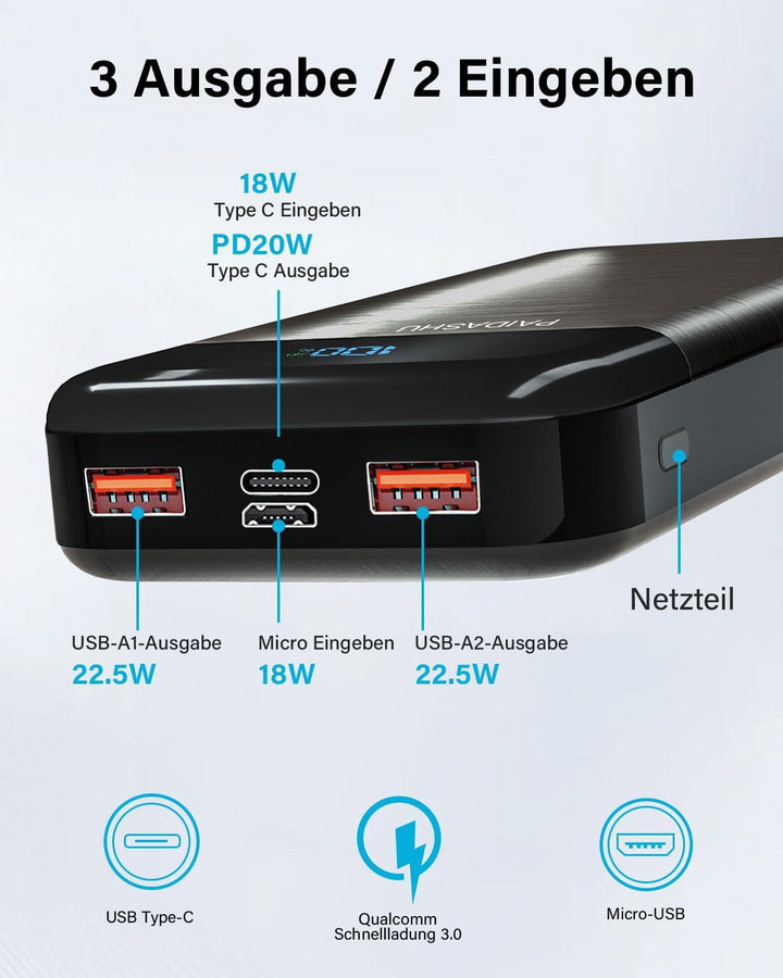 Power Bank 27000mAh 22,5W Externer Handyakku PD20W Schnell Aufladende Powerbank USB C mit LED Displa