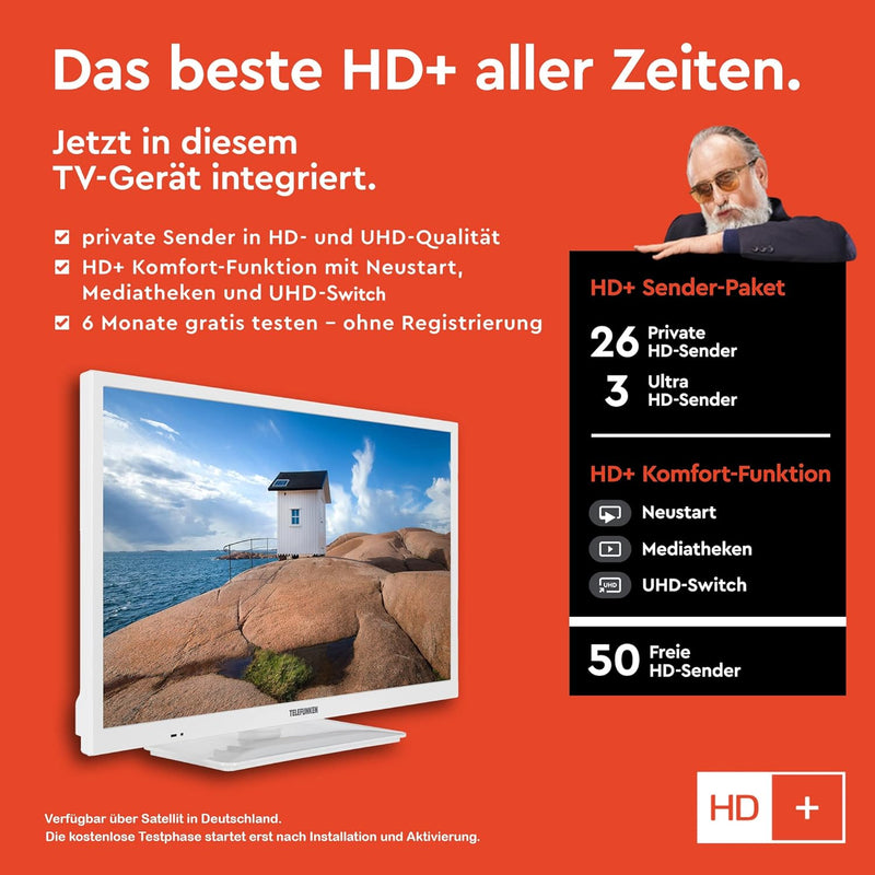 TELEFUNKEN XH24SN550MVD-W 24 Zoll Fernseher/Smart TV (HD Ready, HDR, Triple-Tuner, 12 Volt, DVD-Play