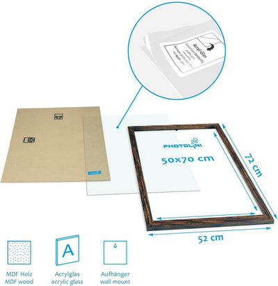 PHOTOLINI Bilderrahmen 50x70 cm MDF-Holz Eiche Dunkel Posterrahmen, bruchsicheres Acrylglas, zum Auf