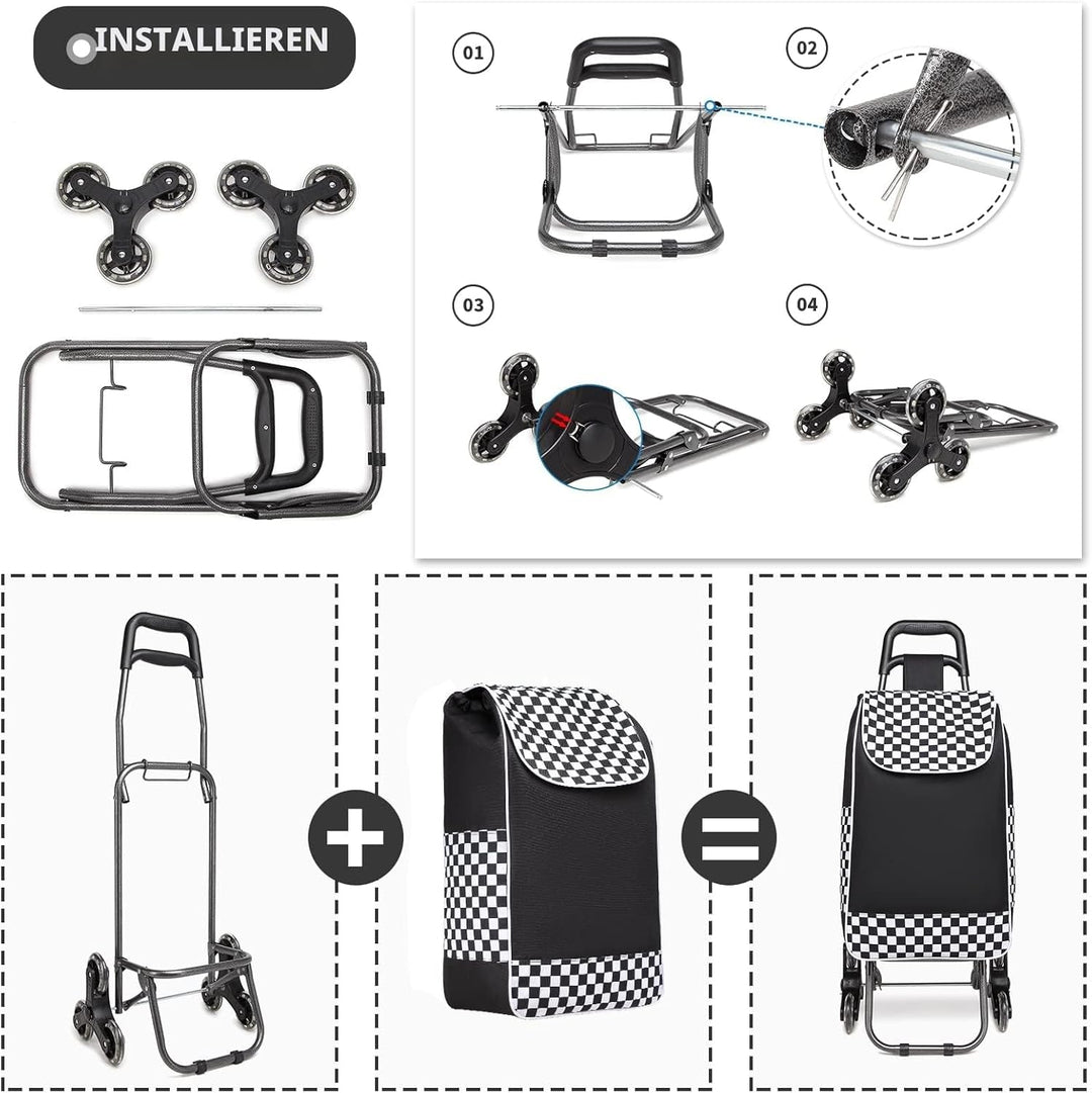 Kono Einkaufstrolley Einkaufswagen Stabiler Trolley Einkaufstrolley Klappbar 2 in 1 Abnehmbar Tasche