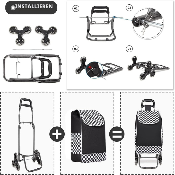 Kono Einkaufstrolley Einkaufswagen Stabiler Trolley Einkaufstrolley Klappbar 2 in 1 Abnehmbar Tasche