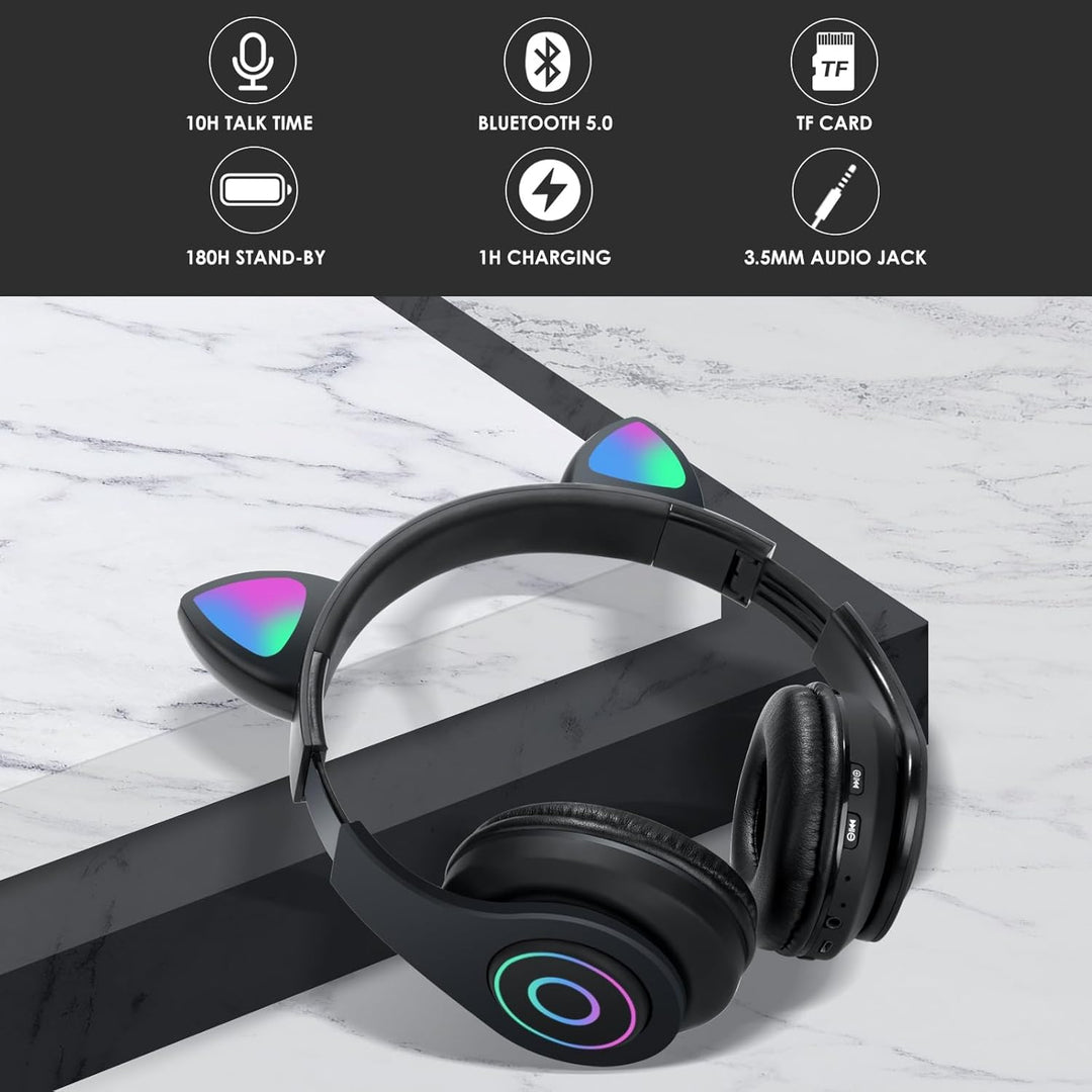 Sendowtek Kinder Kopfhörer, Bluetooth Kinderkopfhörer Over Ear Niedlich Katze mit Ohr Blinkendes Lic