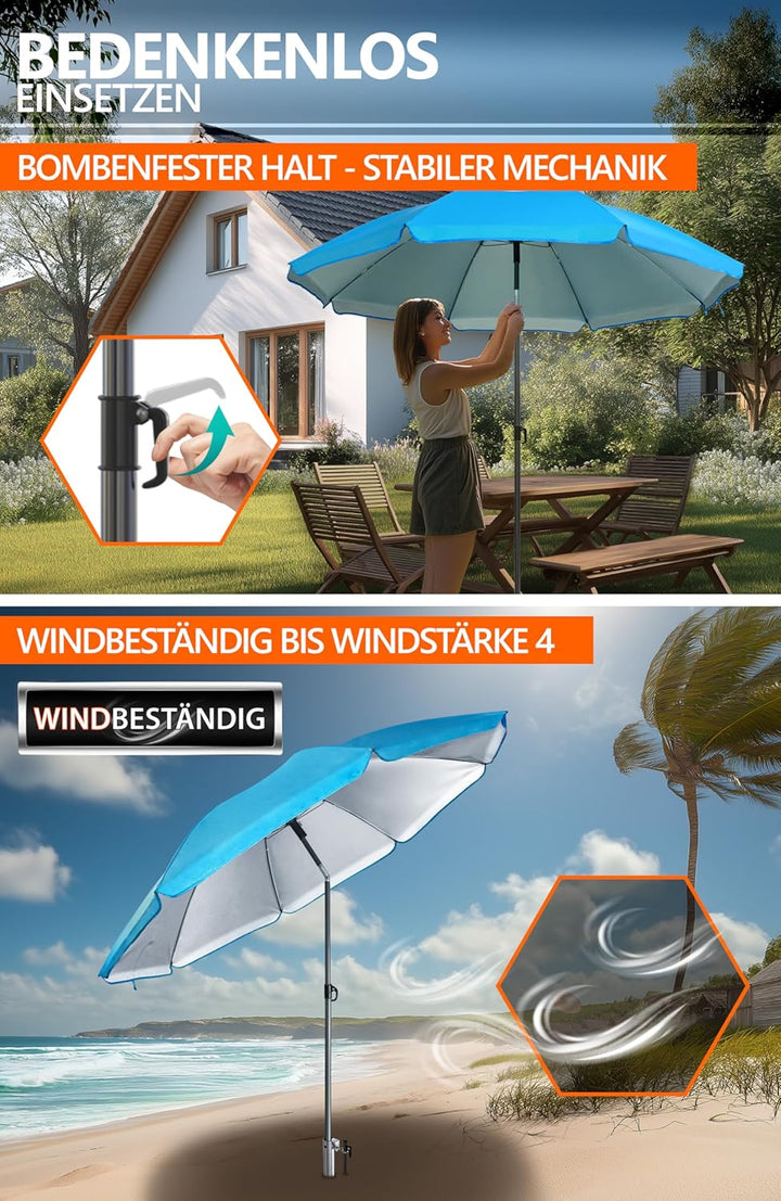 4smile Sonnenschirm Strand 3-IN-1-SET Ø 160 cm, Strandschirm Windfest Stabil mit Eindrehbodenhülse &