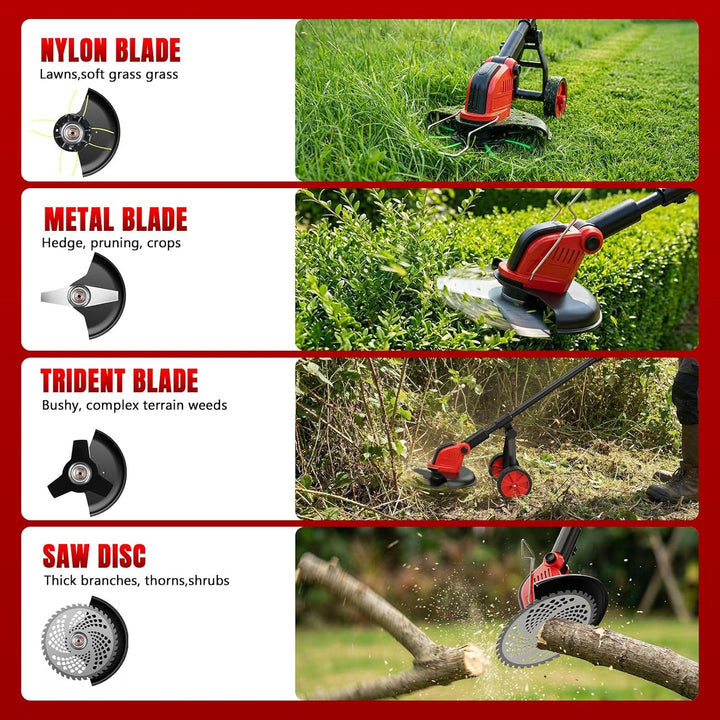 800W Akku Rasentrimmer mit Bürstenlosem Motor, 12 Zoll Schnittbreite, Abnehmbares Hilfsrad, 2 x 3,0
