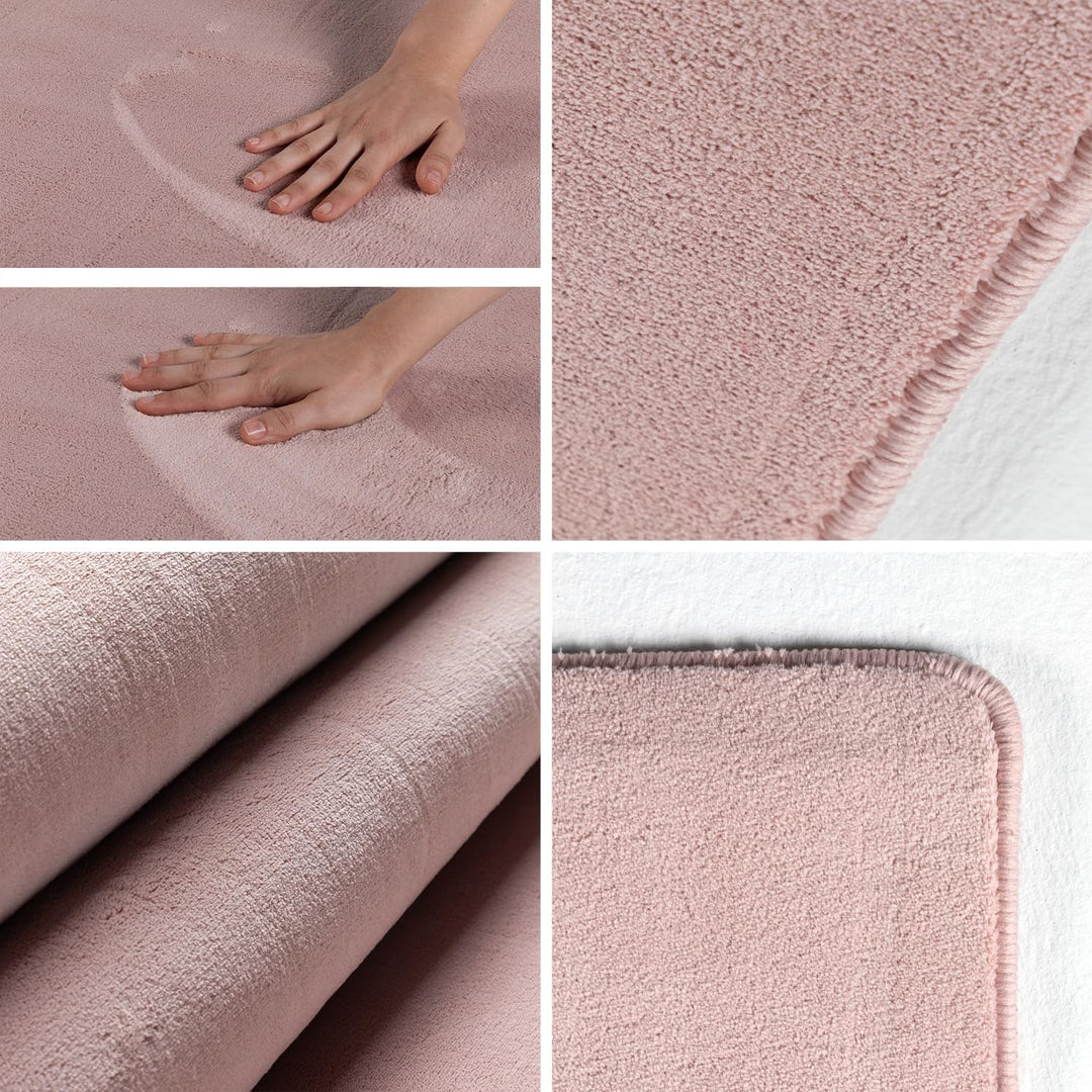 Waschbarer Teppich Wohnzimmer, Kurzflor rutschfest Flauschig Weich, Einfarbig Rosa, Felloptik, Super