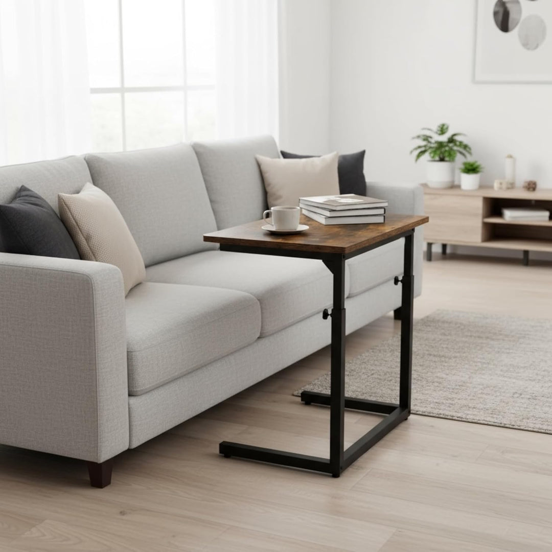 Höhenverstellbarer Sofa-Beistelltisch in C-Form, Laptop-Tisch für Sofa & Bett, Rustikales Braun, Rus