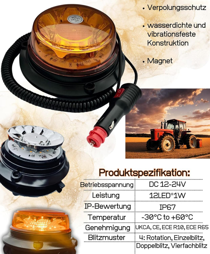 LED Rundumleuchte 4 Blitzmuster 12V 24V ECE R65 R10 E9 Magnet f. PKW LKW Traktor Magnet 2 Stücke set