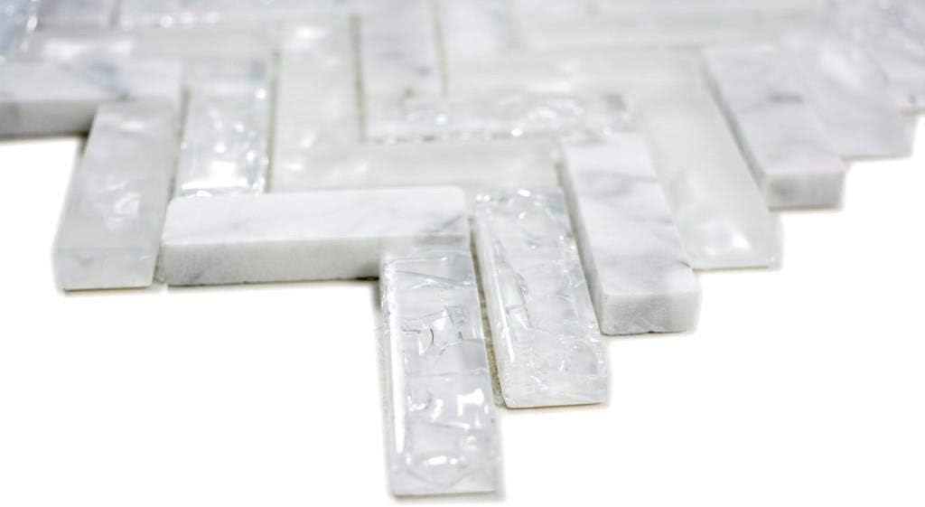 Mosaik Fliese Transluzent weiss Fischgrät Glasmosaik Crystal Stein für WAND BAD KÜCHE FLIESENSPIEGEL