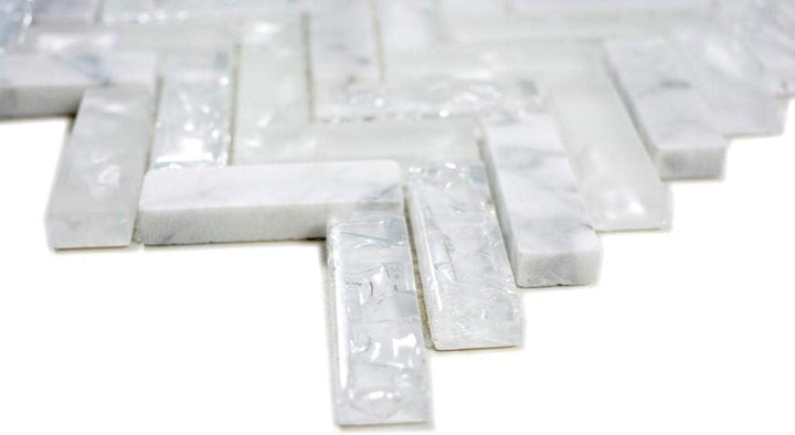 Mosaik Fliese Transluzent weiss Fischgrät Glasmosaik Crystal Stein für WAND BAD KÜCHE FLIESENSPIEGEL