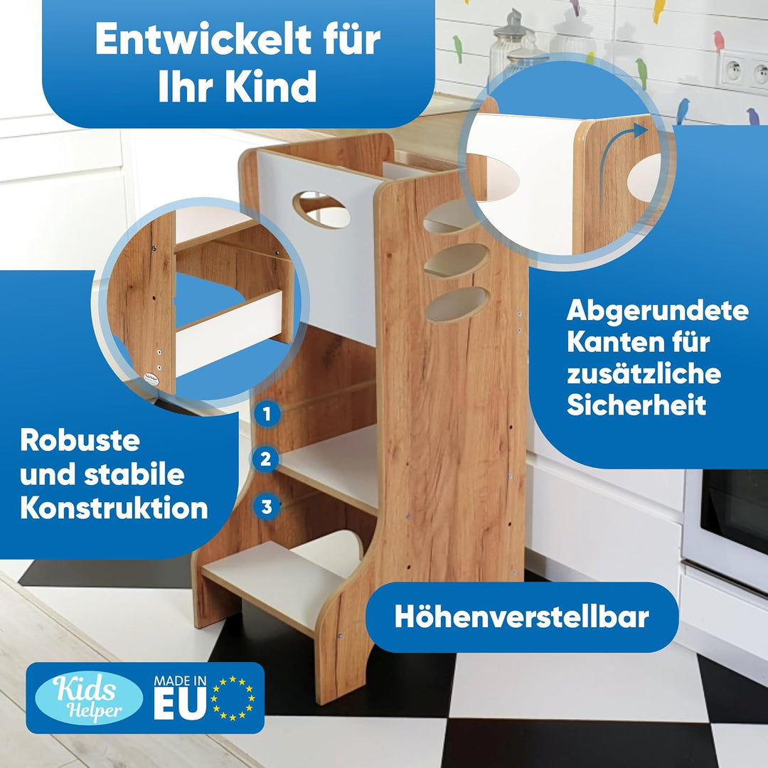 Kitchen Kids Helper Lernturm ab 1 Jahr - Höhenverstellbarer Lernturm Montessori Eiche-Weiss 90cm - S
