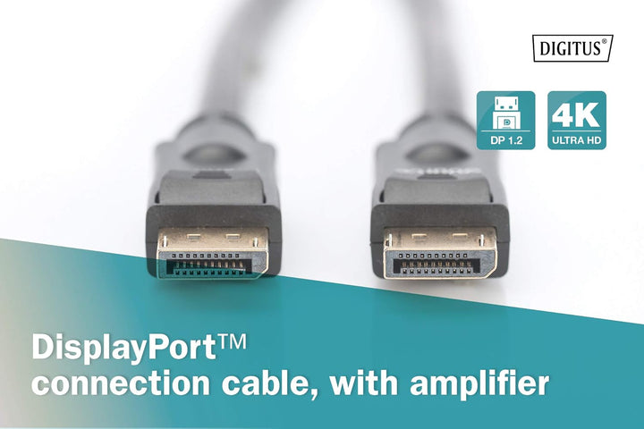 DIGITUS DisplayPort-Kabel mit Verstärker - UHD 4K/60Hz - 20m - Verriegelung - Displayport 1.2 - Komp