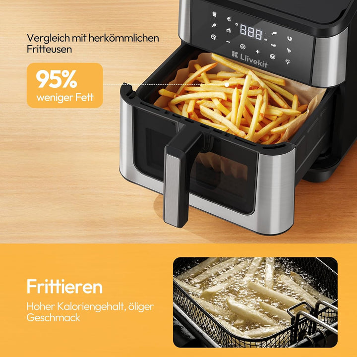 LLIVEKIT Heissluftfritteuse XXL 8,5L mit Doppelheizquelle, Airfryer mit 360° Heissluftzirkulation, 9