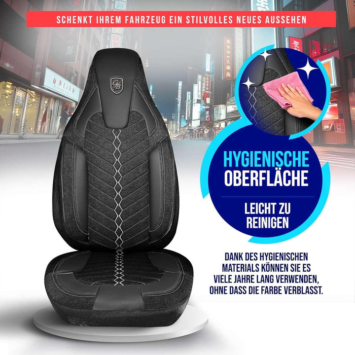 Autositzbezüge Universal für Wohnmobil & Caravan - Vordersitze Auto Sitzbezug aus Leinen, Schwarz-Gr