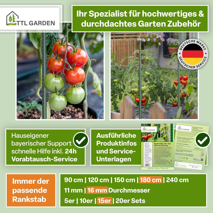 TTL GARDEN Rankstäbe 15er Set 180cm x 16mm Ø grün extra stabil 16 mm Rankhilfe Pflanzstäbe + Klettba