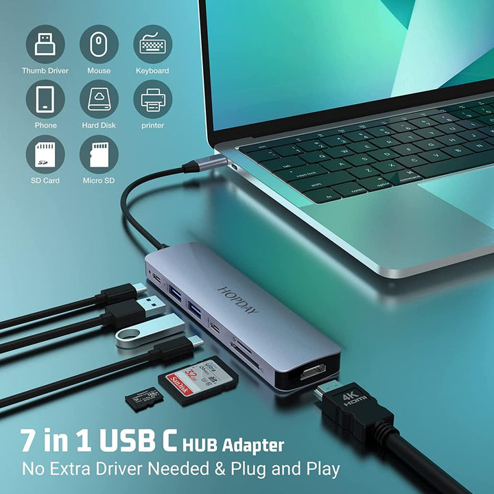 Hub USB C (7-in-1), USB C Adapter, Dual-Monitor mit 4K HDMI, 5 Gbit/s, USB 3.0 A&C Datenanschlüsse,