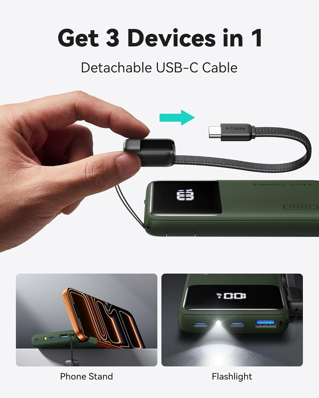 INIU Mini Power Bank, 10000mAh 45W Schnellladefunktion Powerbank mit USB C Kabel, Klein Externe Hand